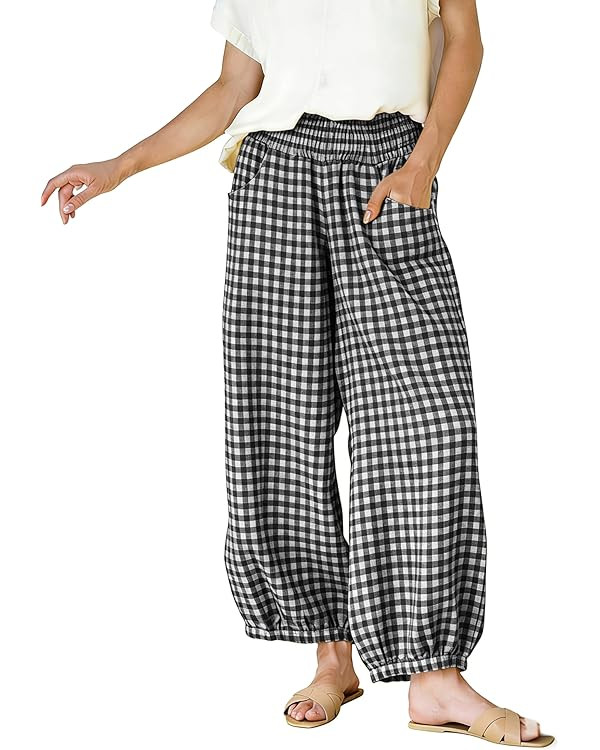 Faleave Women's Wide Leg Pants Gingham Plaid Casual High Waisted Cotton Barrel Pants Comfy Summer... | Amazon (US)