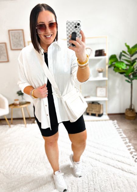Styling my favorite tunic tees from Walmart!  Layered the black one under one of my favorite button down tops from Target!  Linked their updated styles. L tee. L button down. L biker shorts. Sized up half a size in the Nikes!  

#LTKfindsunder50 #LTKSeasonal #LTKmidsize