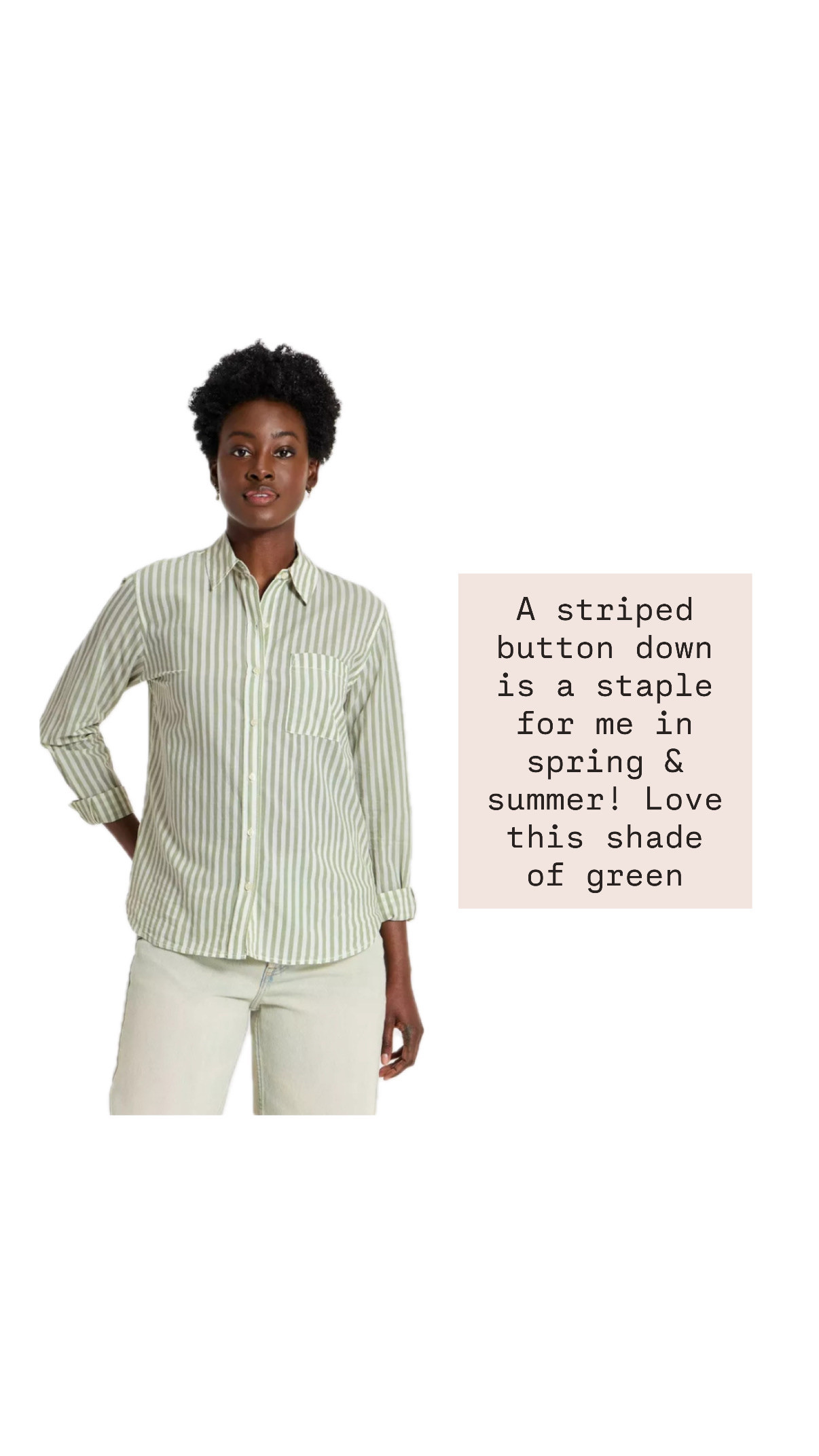 A striped button is truly a fail safe item! Pairing it with jeans is an easy, go-to look! Love this shade of green too for spring and summer!

Loverly Grey, Target, striped button down, womens shirt 

 #LTKSeasonal