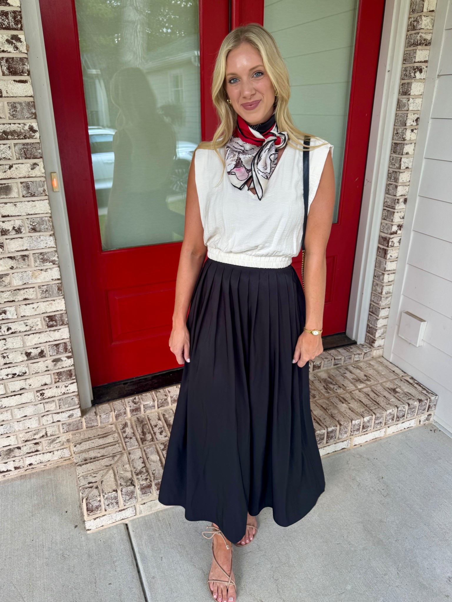 Target outfit paired with a Leah Laturell silk UGA scarf. I sized down in the skirt so it would sit higher on my waist. 