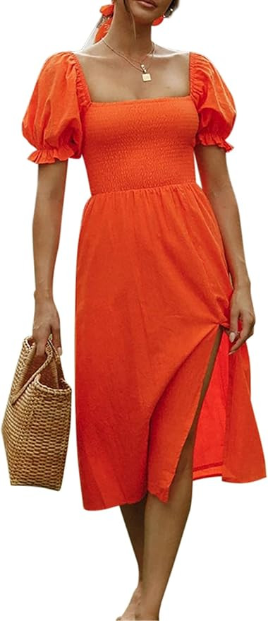 R.Vivimos Summer Dress for Women Cotton Puff Sleeves Casual Off-Shoulder Boho Side Slit Midi Dres... | Amazon (US)