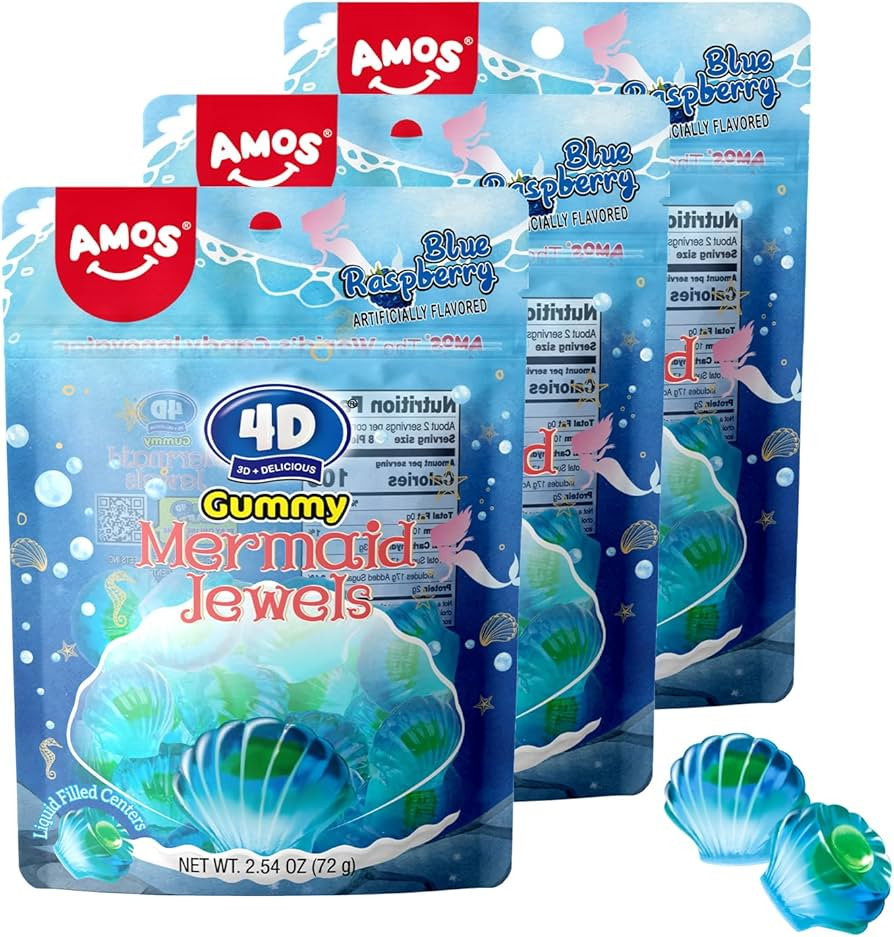 Amos 4D Gummy Candy Mermaid Jewels Fruity Filled, Soft Center Jelly-filled Seashell Candy for Gir... | Amazon (US)