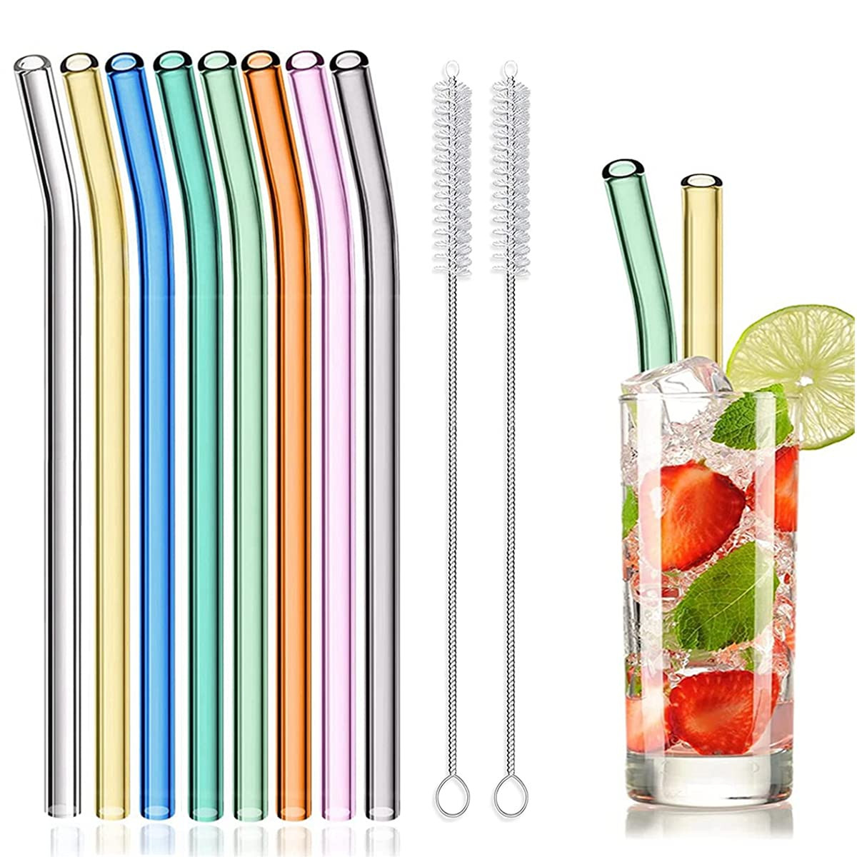 8 Pcs Reusable Glass Straws, 8"x8mm Eco-friendly Drinking Straws for Smoothies, Milkshakes, Tea, ... | Amazon (US)