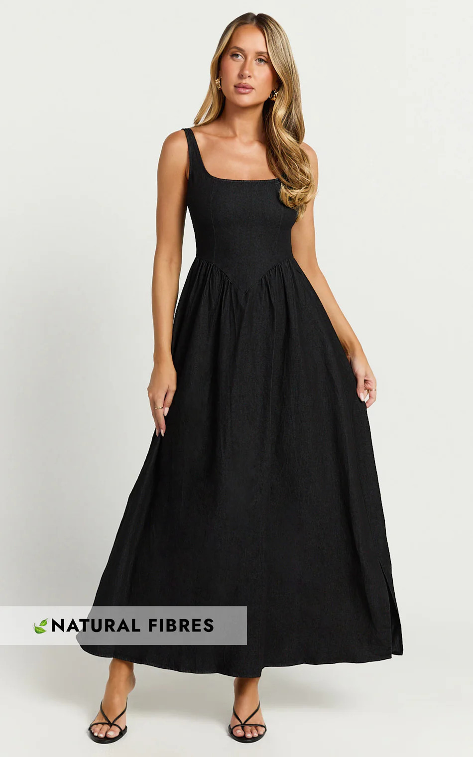 Rhaziya Midi Dress - Sleeveless Straight Neck Fit and Flare Dress in Black | Showpo (ANZ)