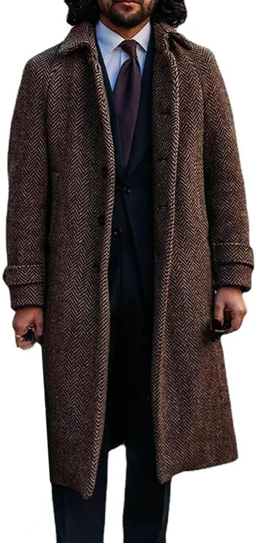 Men's Wool Blend Pea Coat Herringbone Long Below Knee Heavyweight Overcoat with Belt | Amazon (US)