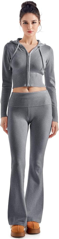 SUUKSESS Women 2 Piece Knit Sets Cropped Zip Up Hoodie Foldover Flare Leg Pants | Amazon (US)