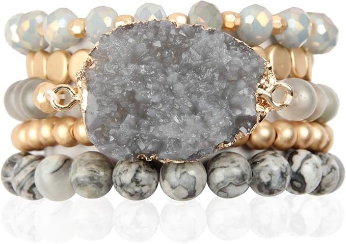 Bohemian Versatile Multi-Layer Bead Statement Bracelet - Stretch Strand Stackable Cuff Bangle Set... | Amazon (US)