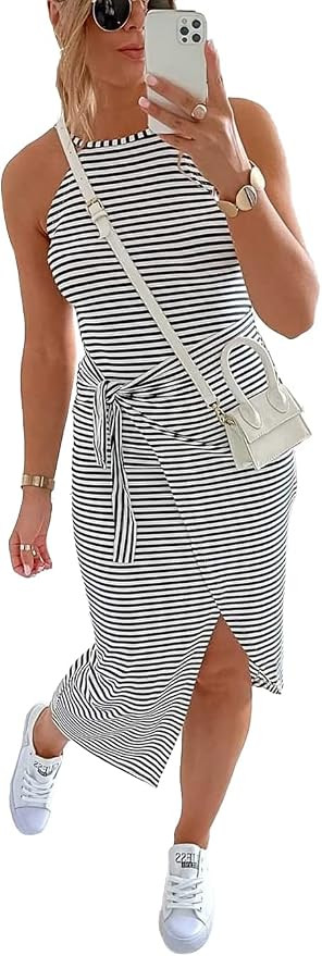 NOLLSOM Women Casual Sleeveless Striped Tank Midi Dresses Halter Neck Ruched Bodycon Dresses Tie ... | Amazon (US)