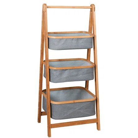 Rebrilliant 3 - Tier Folding Solid Wood Market Storage Fabric Basket Freestanding Home Storage Ba... | Wayfair North America