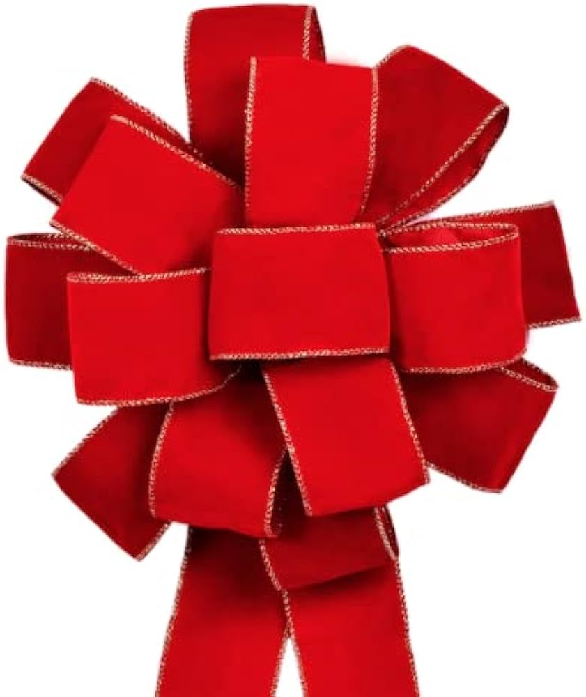3pcs Red Velvet Ribbon Christmas Bows with Golden Wire, Handmade(26”x 12”) Wired Red Bows, Large Ribbon Bows, Thanksgiving/Christmas Tree Topper, Garland/Wreath Bow, Tree Topper Bows | Amazon (US)