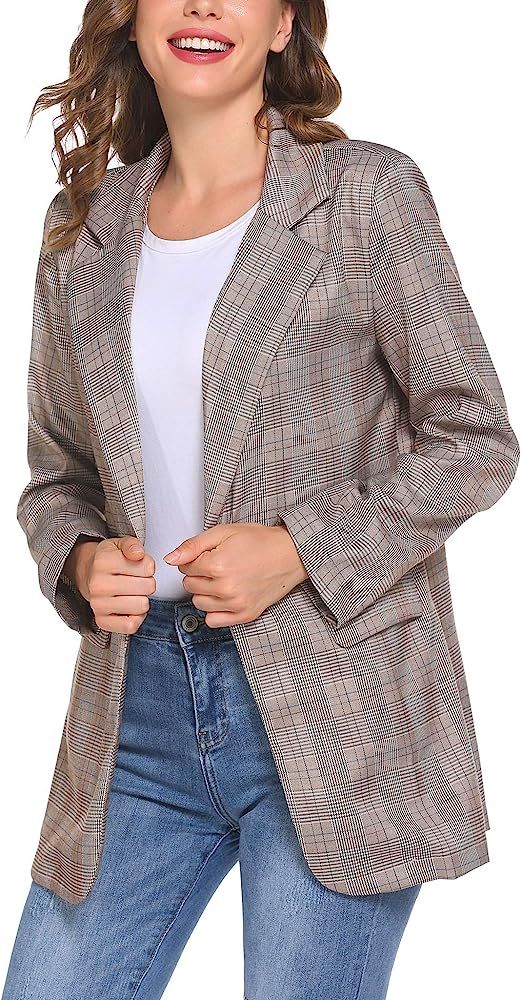 Chainscroll Womens Loose Buttons Work Office Blazer Suit Casual Plaid Long Sleeve Jacket with Pocket | Amazon (US)