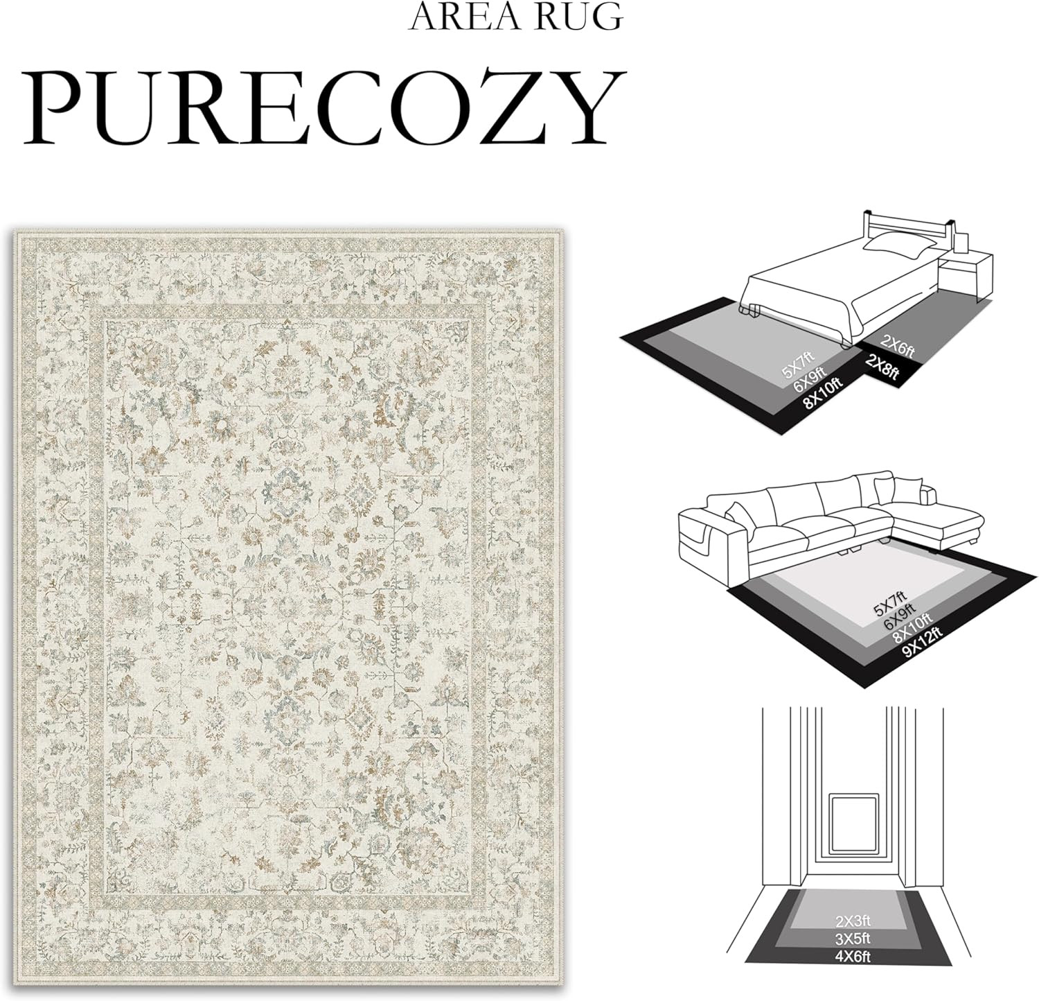 Amazon.com: PureCozy 5x7 Taupe Area Rug Non Slip Vintage Living Room Distressed Machine Washable ... | Amazon (US)