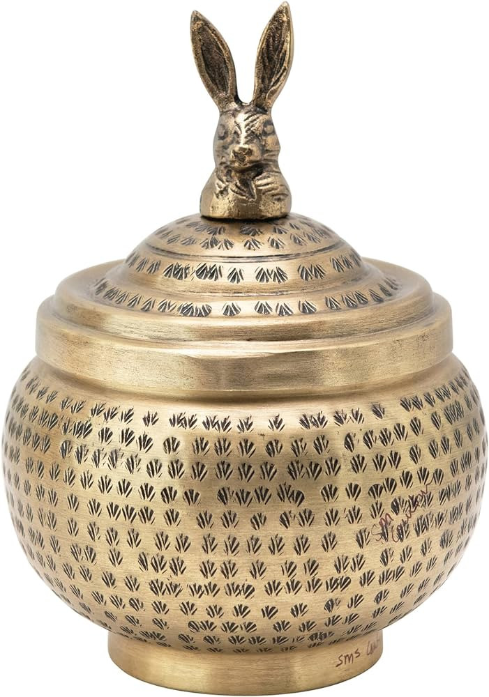 Creative Co-Op, Brass Round Hammered Metal Container with Rabbit Finial, Finish | Amazon (US)