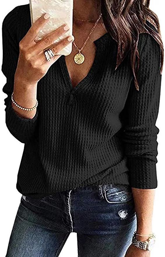 Womens Long Sleeve V Neck Loose Fit Soft Waffle Knit Thermal Tops | Walmart (US)