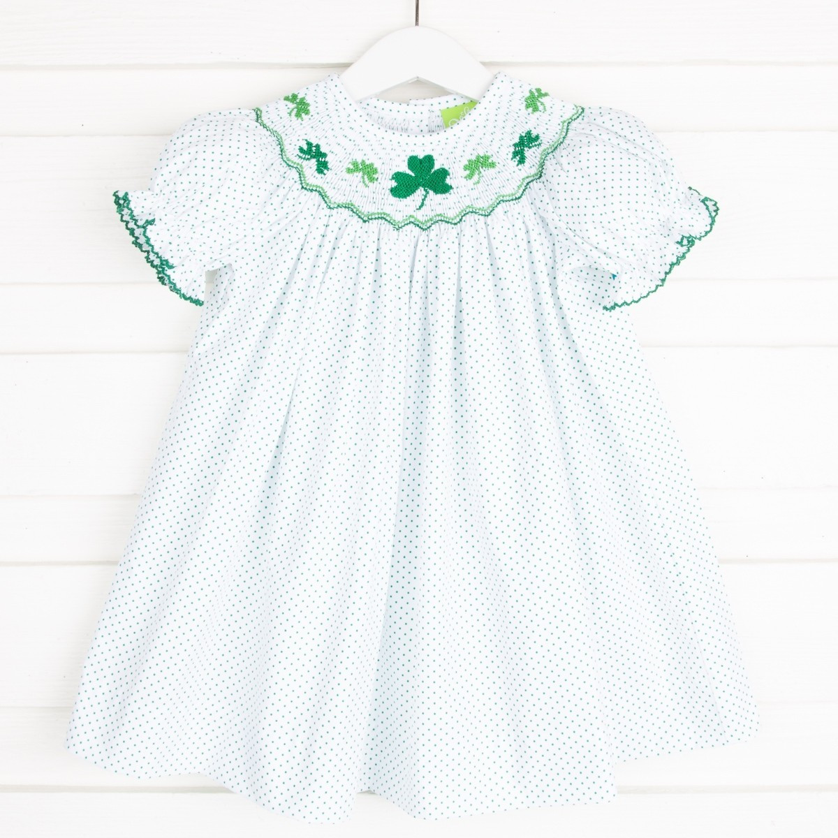 Smocked Shamrocks Bishop White w Green Dots | Classic Whimsy