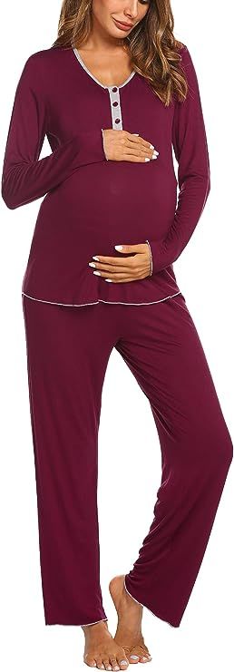 MAXMODA Women's Maternity Nursing Pajamas Pants Set Soft Pregnancy Breastfeeding Hospital PJ Set ... | Amazon (US)