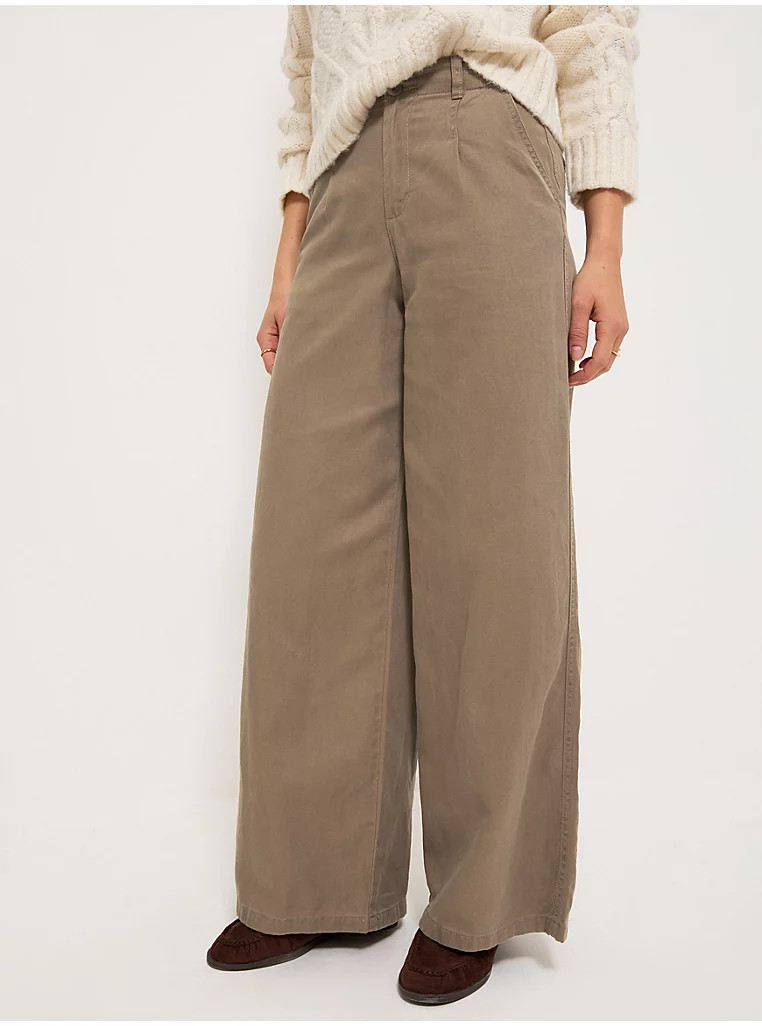 Khaki Washed Twill Double Button Wide Leg Trousers | George at ASDA