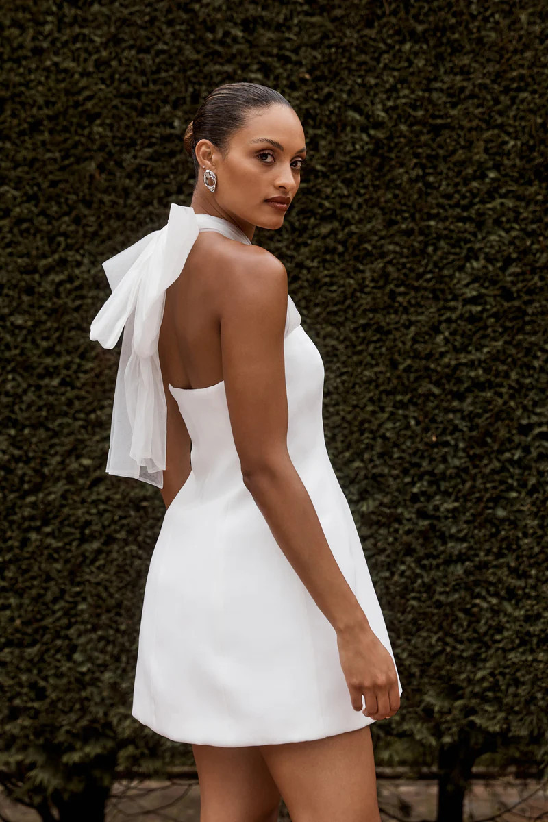 Maryam Tulle Bow Mini Dress - White | MESHKI US