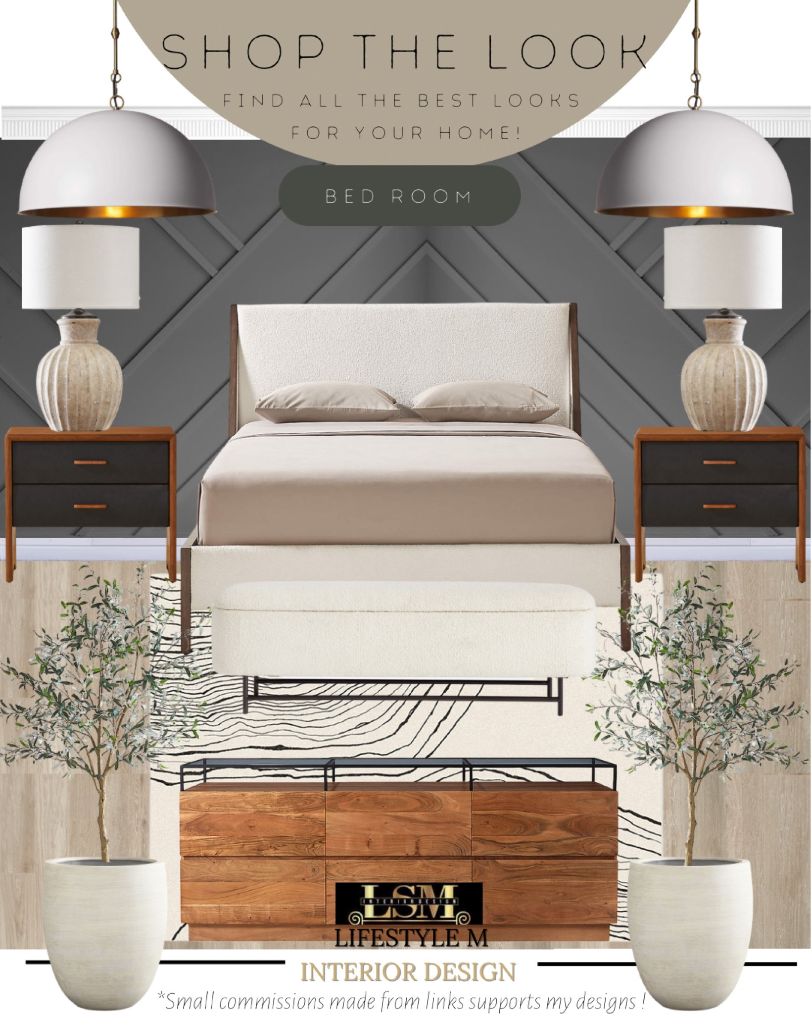 Transitional Master bedroom idea. Wood dresser, black wood night stand, upholstered bed frame, metal frame upholstered bench, terracotta table lamp, white dome pendant light, stripe rug, terracotta tree planter pot, realistic faux fake bench.

#LTKstyletip #LTKFind #LTKhome