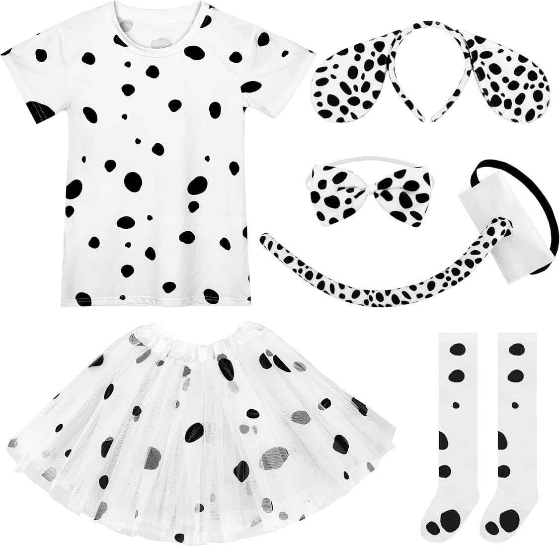 SOMSOC 6 Piece Kids Dalmatian Dog Costume Set Dalmatian T-Shirt Headband Tail Bowtie Socks Tutu S... | Amazon (US)