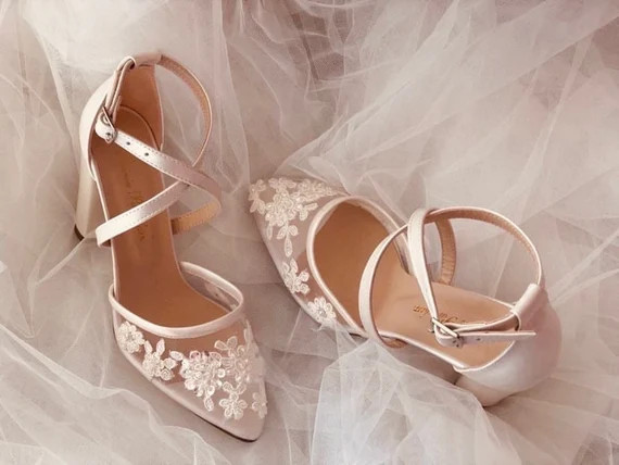 Lace embellished tulle wedding shoes, ivory , handmade heel height bridal shoes, more color, more... | Etsy (US)