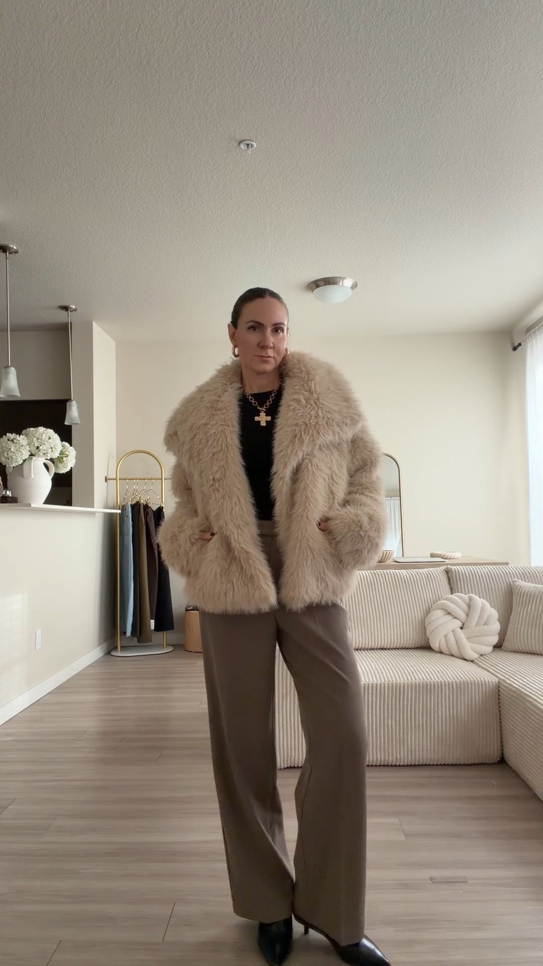 Faux fur jacket 
Amazon pants 
I’m 5’7 wearing regular small