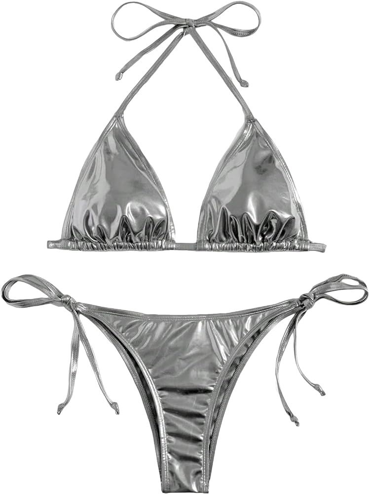 GORGLITTER Women's Metallic Triangle Bikini Top Halter Tie Side Swimsuit Set 2 Piece Bathing Suit... | Amazon (US)