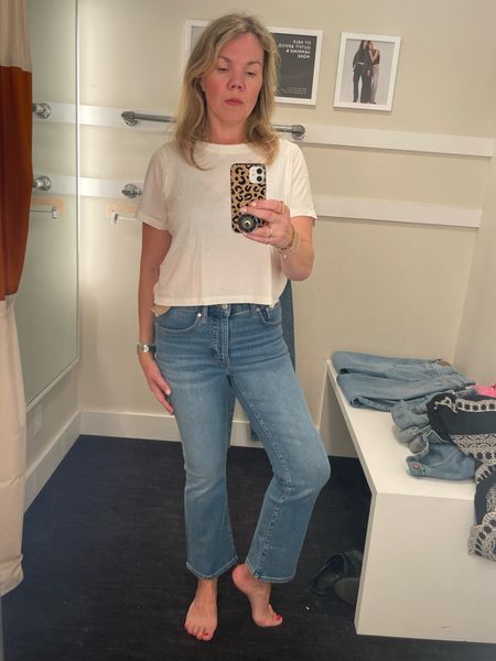 Madewell Kick Out crop jeans, formally known as the Cali Demi Boot. I went down one size in these #madewell #tryon

#LTKover40 #LTKstyletip #LTKsalealert