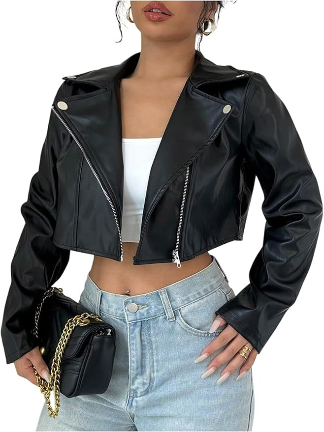 OYOANGLE Women's PU Leather Cropped Jacket Zip Up Motorcycle Jackets Coat | Amazon (US)