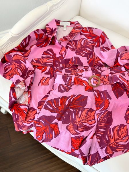 Such a fun tropical print linen set for vaca! Giving Farm Rio vibes under $25 each! 🙌🏻 resort wear, matching set, tropical palm print, pink outfit ideas vacation outfit beach linen shorts 

#LTKfindsunder50 #LTKstyletip #LTKsalealert