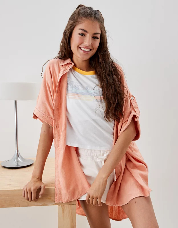 AE Oversized Button-Up Beach Shirt | American Eagle Outfitters (US & CA)
