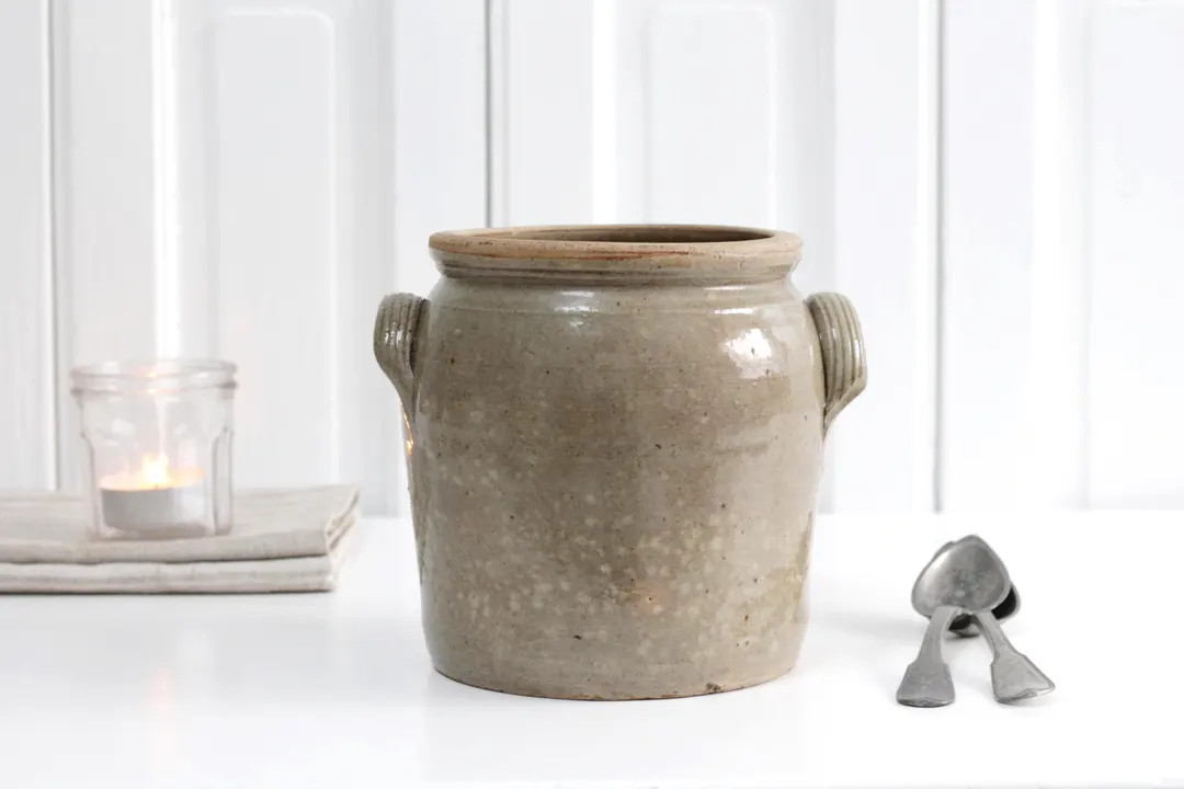 Vintage French large beige salt glaze crock handles, old handmade stoneware jar, gres confit pot,... | Etsy (US)