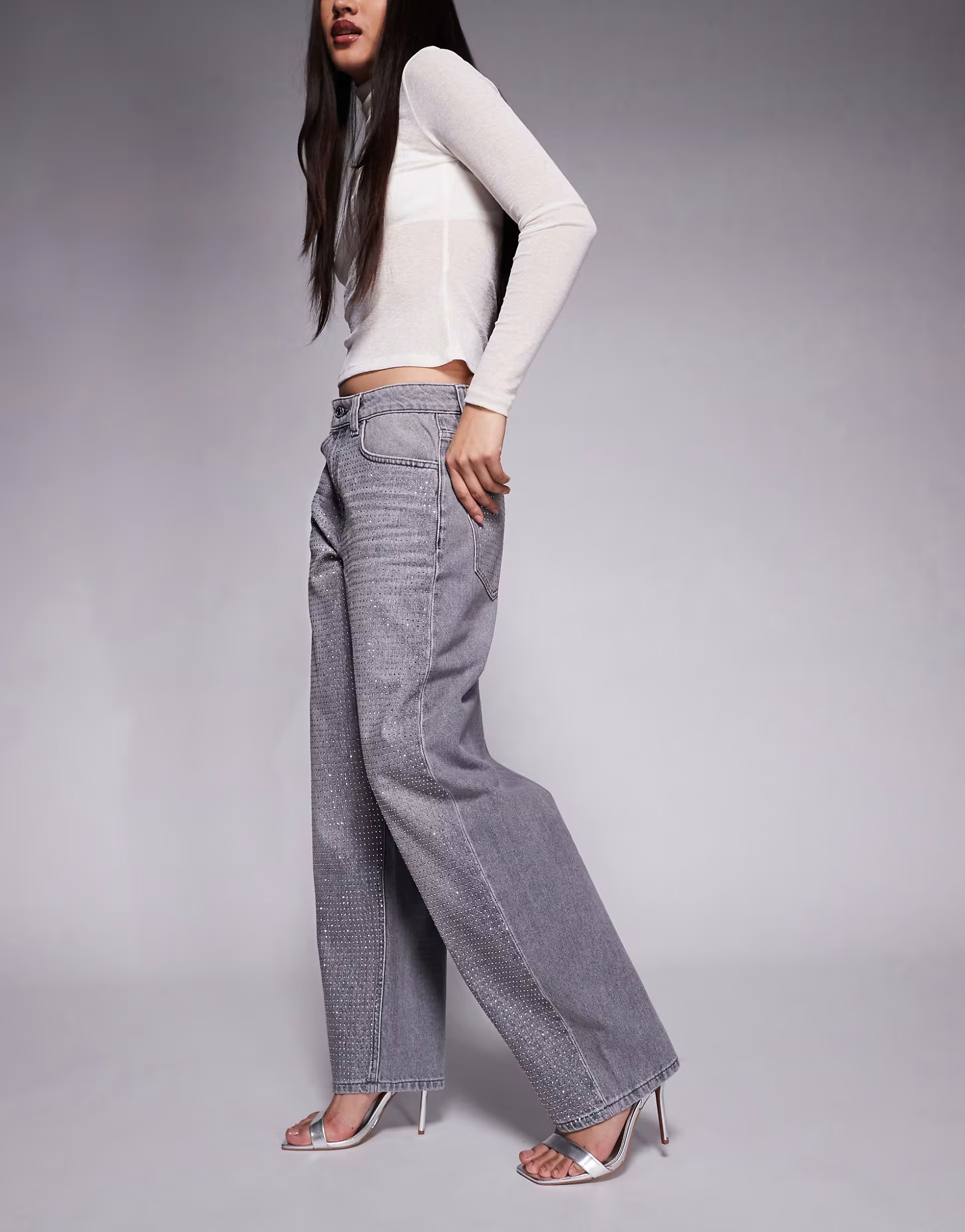 ASOS DESIGN slim barrel jeans in grey with rhinestone embellishment | ASOS (Global)