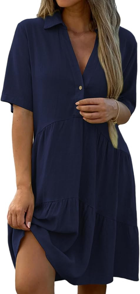 Women's Lapel Button Front Summer Knee Length Flattering Loose Fitting Linen Dresses | Amazon (US)