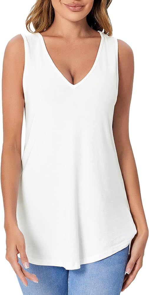 Verdusa Women's Basic V Neck Longline Dolphin Hem Loose Tunic Tank Top | Amazon (US)