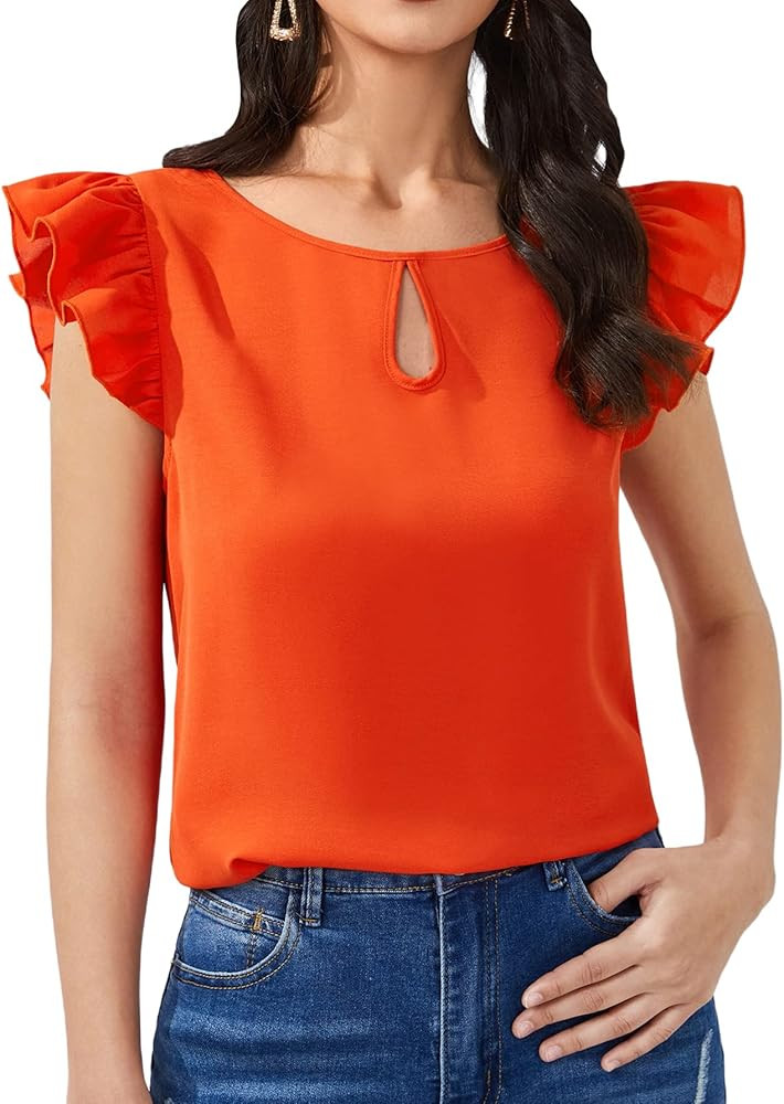 WDIRARA Women's Ruffle Trim Cap Sleeve Cut Out Round Neck Blouse Casual Tops | Amazon (US)