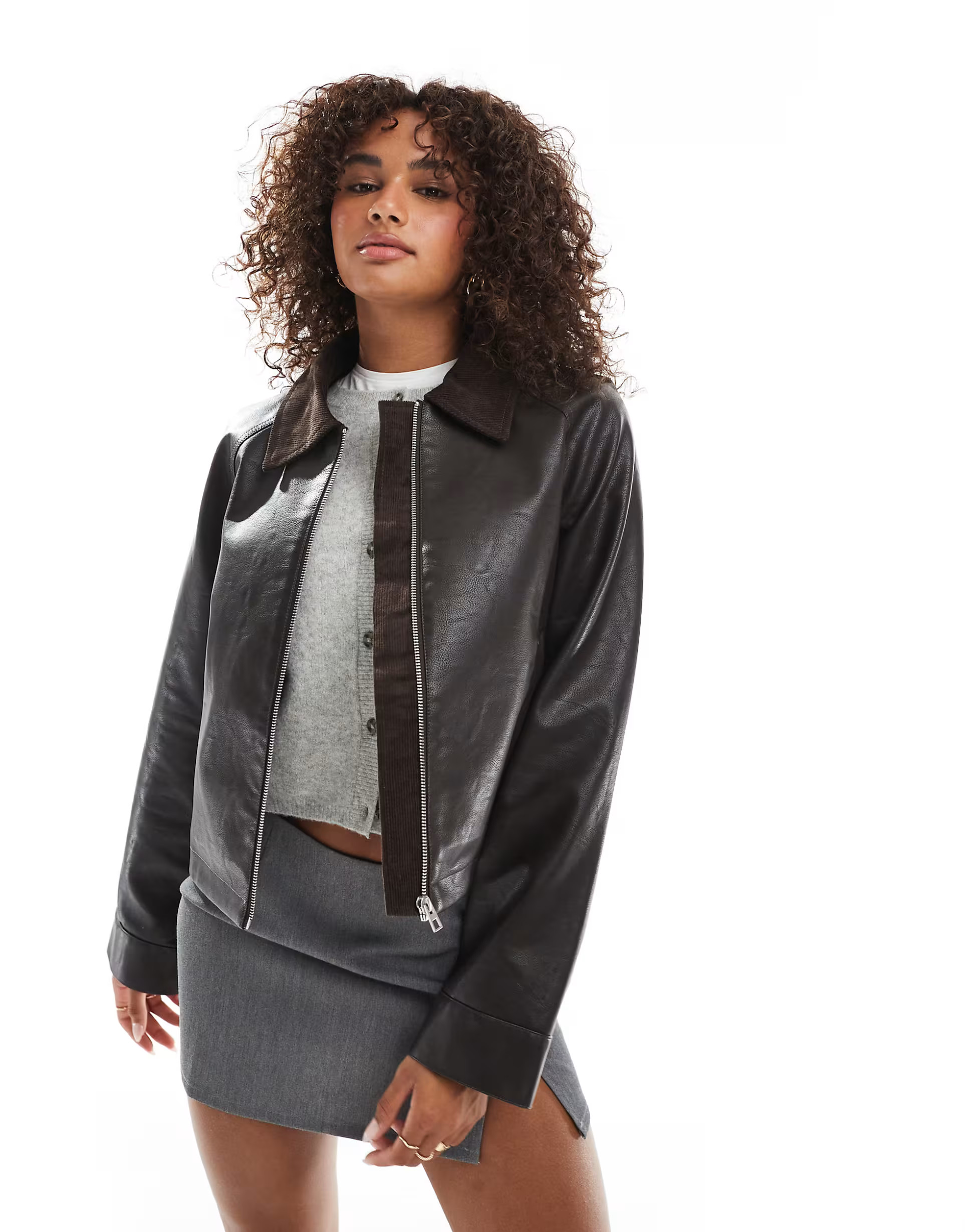ASOS DESIGN swing leather look crop jacket in brown | ASOS | ASOS (Global)