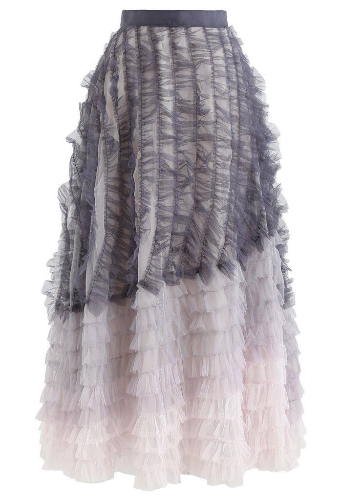 Gradient Tiered Ruffle Mesh Tulle Maxi Skirt | Chicwish