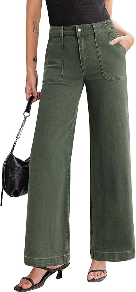 Sidefeel Womens Wide Leg Jeans High Waisted Stretchy Straight Leg Baggy Denim Pants with Pockets | Amazon (US)