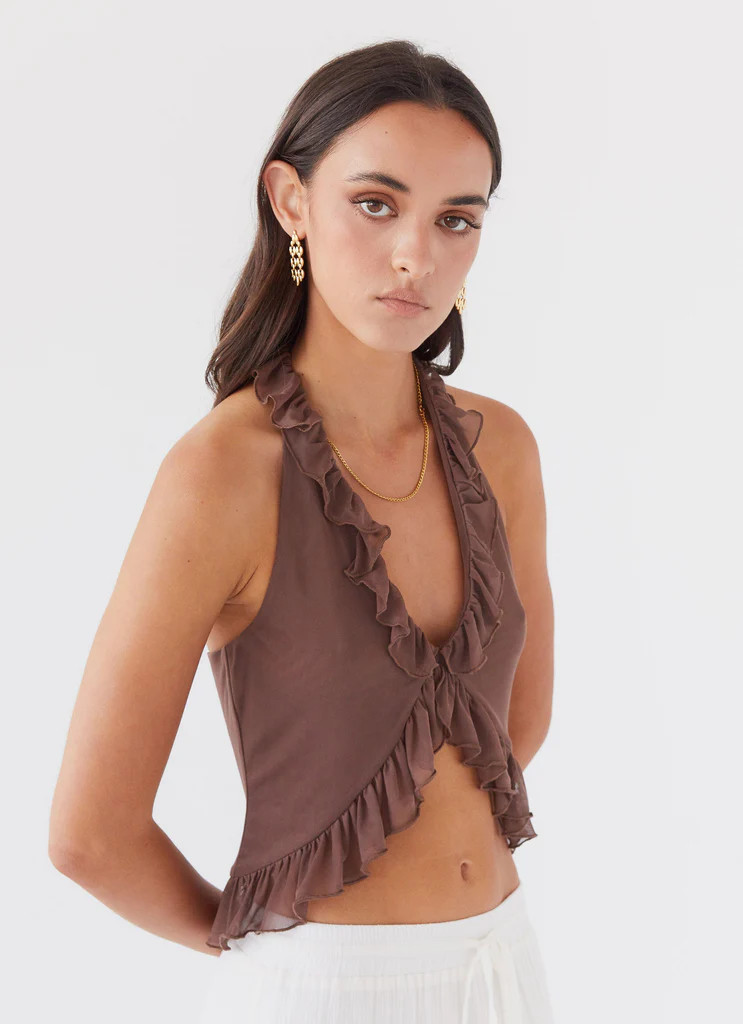 Tanya Mesh Frill Top - Chocolate | Peppermayo (Global)