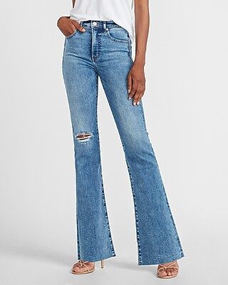High Waisted Ripped Raw Hem Slim Flare Jeans, Women's Size:4 | Express