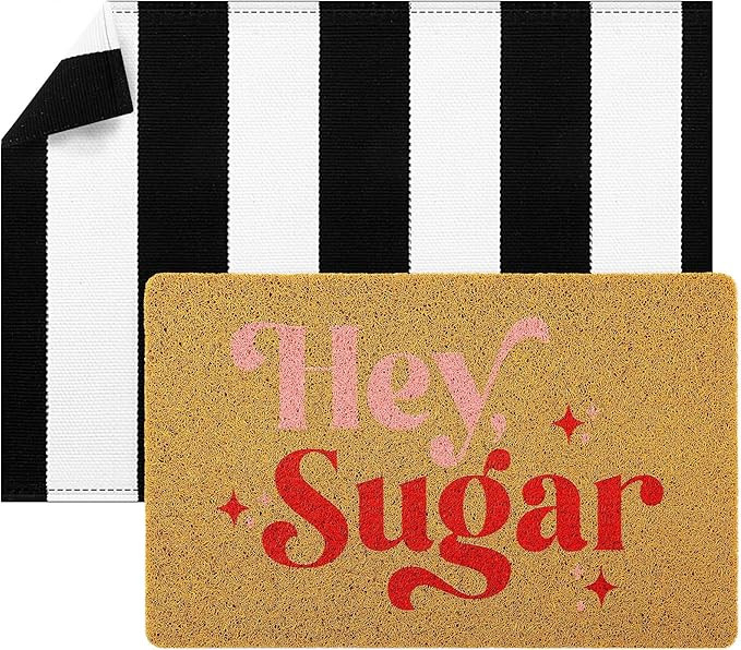Fabbay 2 Pcs Hey Sugar Doormat Valentine's Day Welcome Doormat Black and White Striped Door Mat w... | Amazon (US)