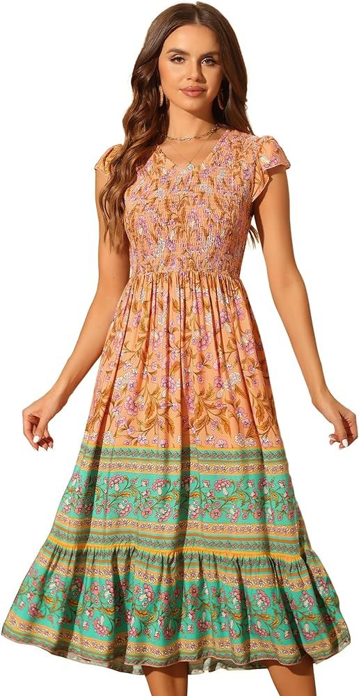 Allegra K Women's Boho Floral Dress Ruffled Flutter Sleeve Smocked Midi Dress | Amazon (US)