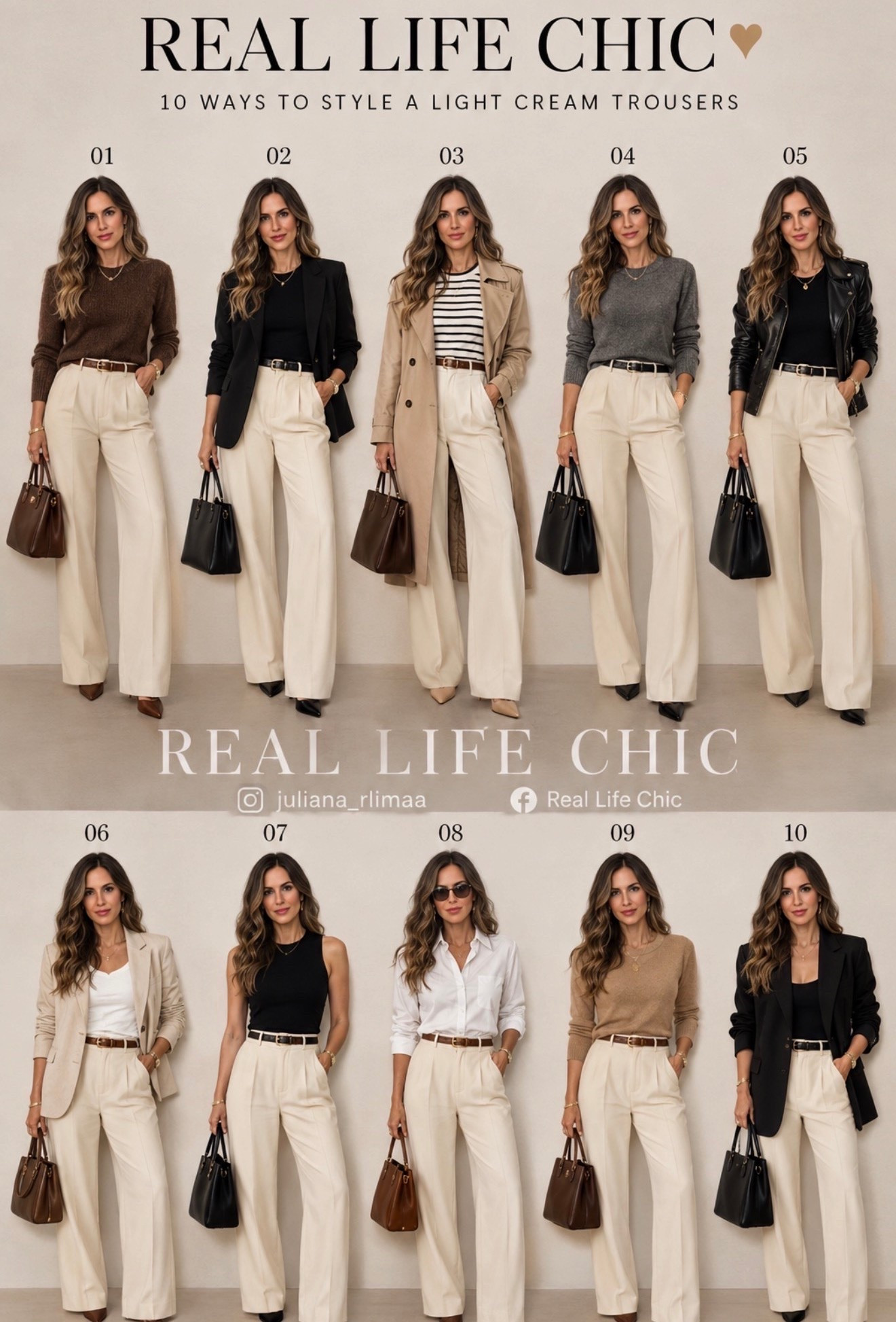 10 ways to style one pair of cream trousers 🤍✨

This is exactly why I love timeless wardrobe staples. One great pair of trousers can take you from polished workwear to effortless weekend looks just by changing the layers and accessories.

Blazers, knits, a trench, a leather jacket, a crisp white shirt—these are pieces that make your wardrobe work harder without feeling repetitive.

I linked similar pieces so you can recreate your favorite looks. Shop the staples you’ll wear on repeat before the best sizes are gone!

cream trousers outfit, light cream trousers, wide leg trousers outfit, how to style cream pants, timeless outfit ideas, capsule wardrobe outfits, quiet luxury style, women over 40 fashion, elevated basics, blazer and trousers outfit, trench coat outfit, leather jacket outfit, neutral outfit ideas, workwear inspiration, classic wardrobe staples, effortless chic style, early fall outfits, minimalist fashion, LTK outfit inspiration, Real Life Chic.

#LTKootd #LTKSaleAlert #LTKOver40