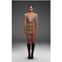 PLT Label Brown Textured Button Plunge Blazer Dress | PrettyLittleThing US