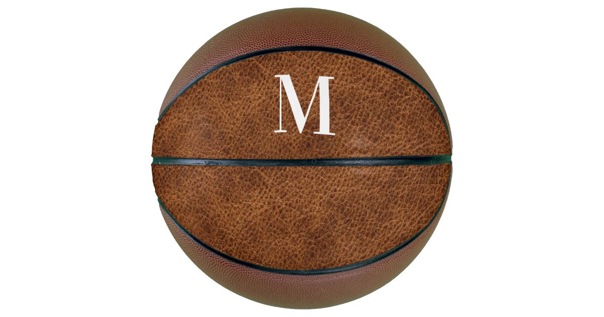 Faux Brown Leather Modern Monogram Basketball | Zazzle