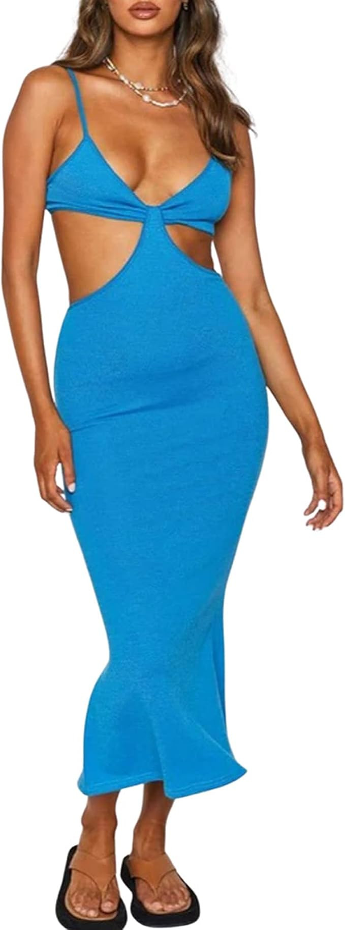 NUFIWI Womens Sexy Knitted Cut Out Spaghetti Strap Long Dresses Halter Neck Backless Maxi Dress C... | Amazon (US)