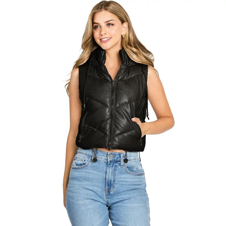 Love Tree Women's Juniors Hooded Faux Leather Cropped Puffer Vest  (Black, Medium) | Walmart (US)