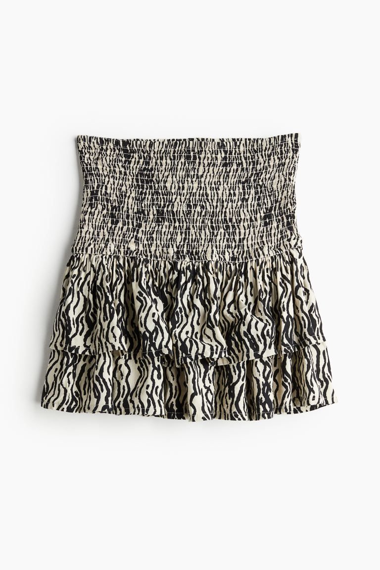 Smocked-waist Tiered Skirt - Regular waist - Short - Cream/black patterned - Ladies | H&M US | H&M (US + CA)