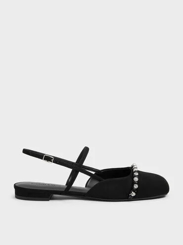 Black Textured Faux Suede Crystal Slingback Flats | CHARLES & KEITH | Charles & Keith US